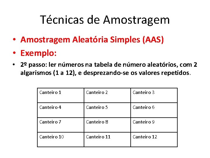 Técnicas de Amostragem • Amostragem Aleatória Simples (AAS) • Exemplo: • 2º passo: ler Técnicas de Amostragem • Amostragem Aleatória Simples (AAS) • Exemplo: • 2º passo: ler