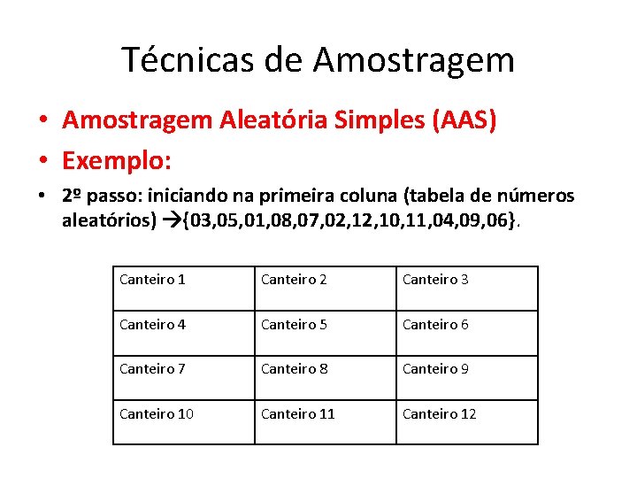 Técnicas de Amostragem • Amostragem Aleatória Simples (AAS) • Exemplo: • 2º passo: iniciando Técnicas de Amostragem • Amostragem Aleatória Simples (AAS) • Exemplo: • 2º passo: iniciando