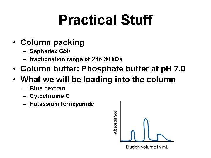 Practical Stuff • Column packing – Sephadex G 50 – fractionation range of 2
