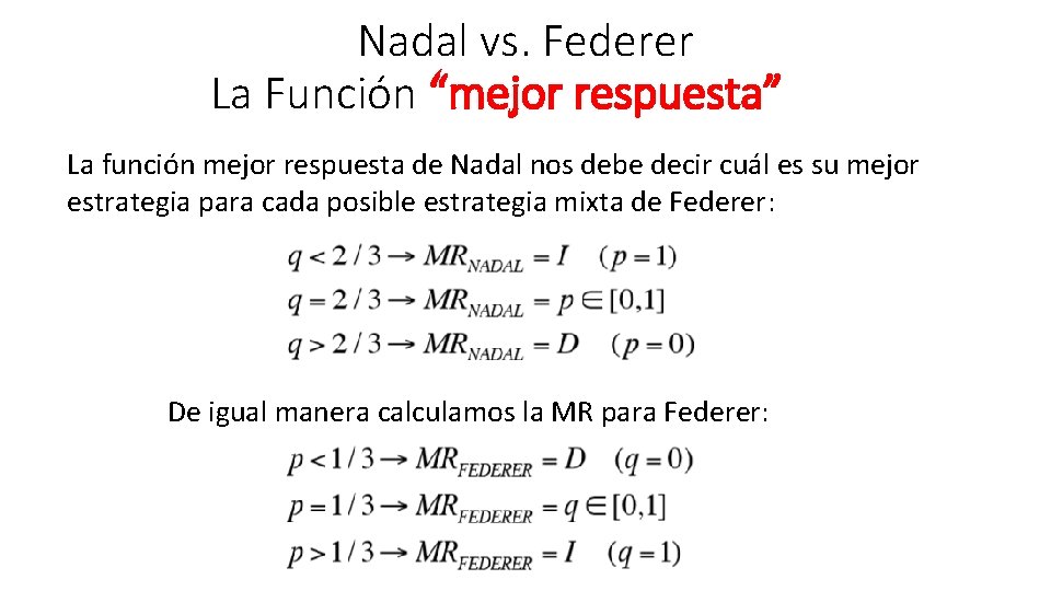 Nadal vs. Federer La Función “mejor respuesta” La función mejor respuesta de Nadal nos