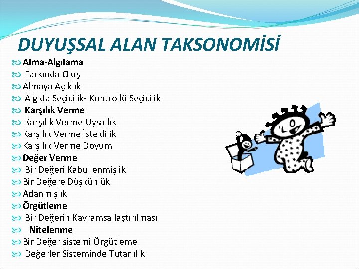 DUYUŞSAL ALAN TAKSONOMİSİ Alma-Algılama Farkında Oluş Almaya Açıklık Algıda Seçicilik- Kontrollü Seçicilik Karşılık Verme