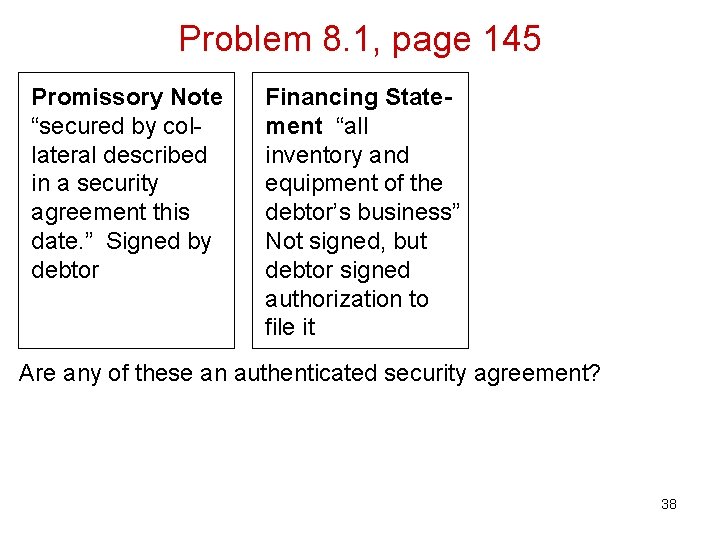Problem 8. 1, page 145 Promissory Note “secured by collateral described in a security