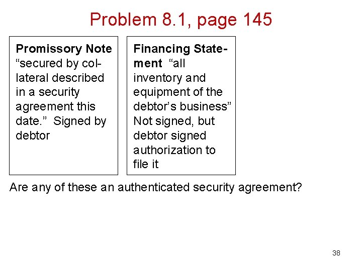 Problem 8. 1, page 145 Promissory Note “secured by collateral described in a security