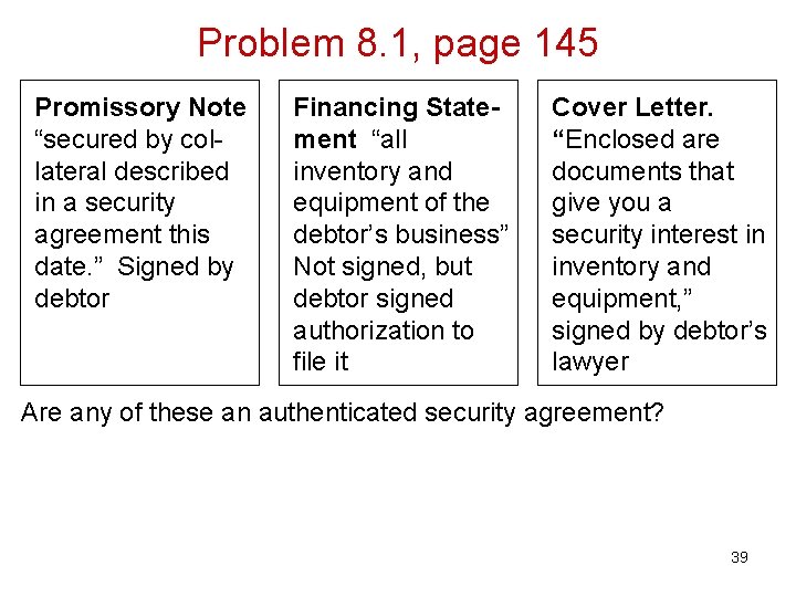 Problem 8. 1, page 145 Promissory Note “secured by collateral described in a security