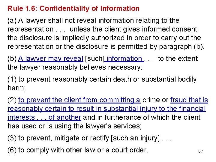 Rule 1. 6: Confidentiality of Information (a) A lawyer shall not reveal information relating