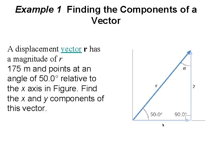 Example 1 Finding the Components of a Vector A displacement vector r has a