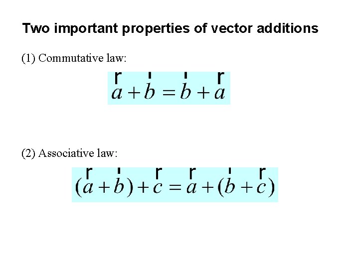 Two important properties of vector additions (1) Commutative law: (2) Associative law: 