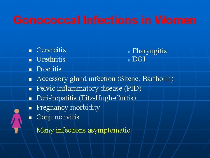 Gonococcal Infections in Women n n n n Cervicitis n Pharyngitis n DGI Urethritis