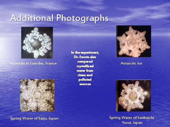 Additional Photographs Fountain in Lourdes, France Spring Water of Saijo, Japan In the experiment,