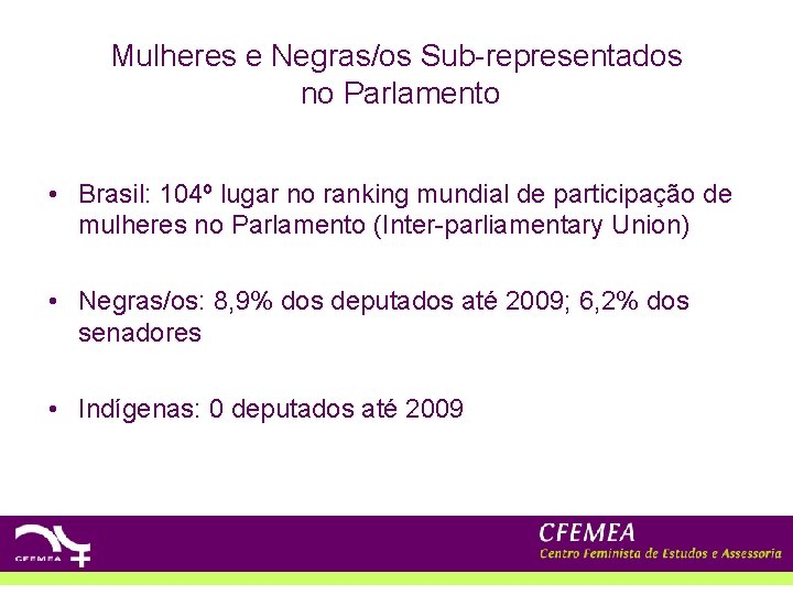 Mulheres e Negras/os Sub-representados no Parlamento • Brasil: 104º lugar no ranking mundial de