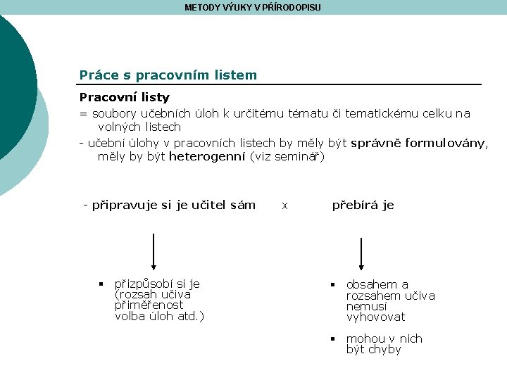 METODY VÝUKY V PŘÍRODOPISU Práce s pracovním listem Pracovní listy = soubory učebních úloh