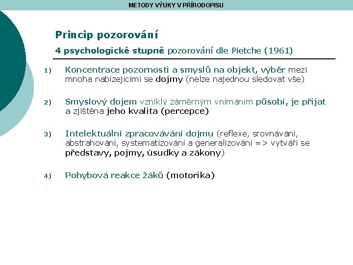 METODY VÝUKY V PŘÍRODOPISU Princip pozorování 4 psychologické stupně pozorování dle Pietche (1961) 1)