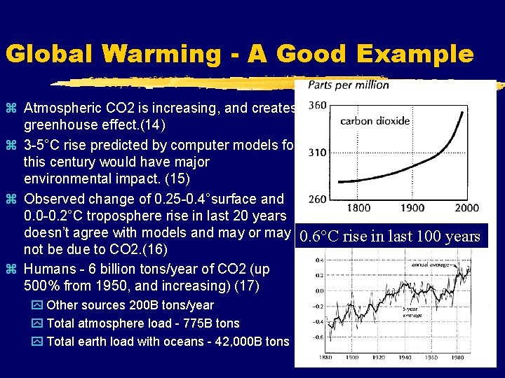 Global Warming - A Good Example z Atmospheric CO 2 is increasing, and creates