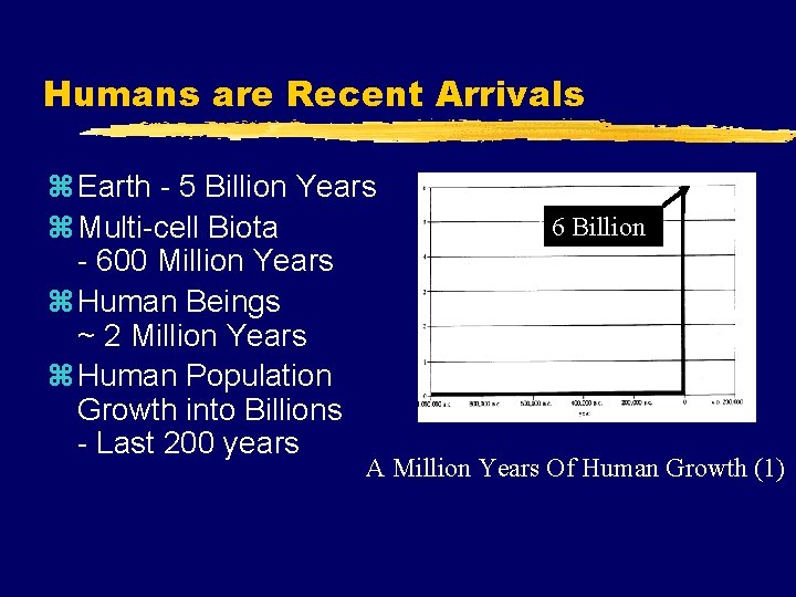 Humans are Recent Arrivals z Earth - 5 Billion Years z Multi-cell Biota -