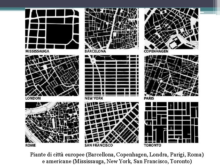 Piante di città europee (Barcellona, Copenhagen, Londra, Parigi, Roma) e americane (Mississauga, New York,