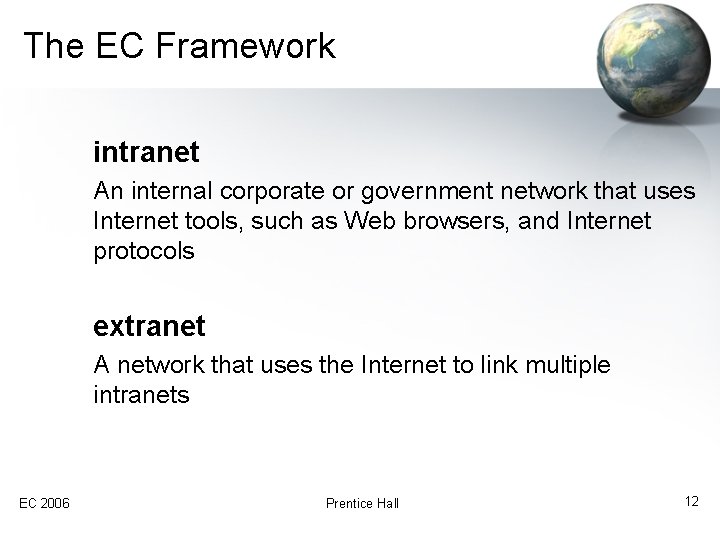 The EC Framework intranet An internal corporate or government network that uses Internet tools,