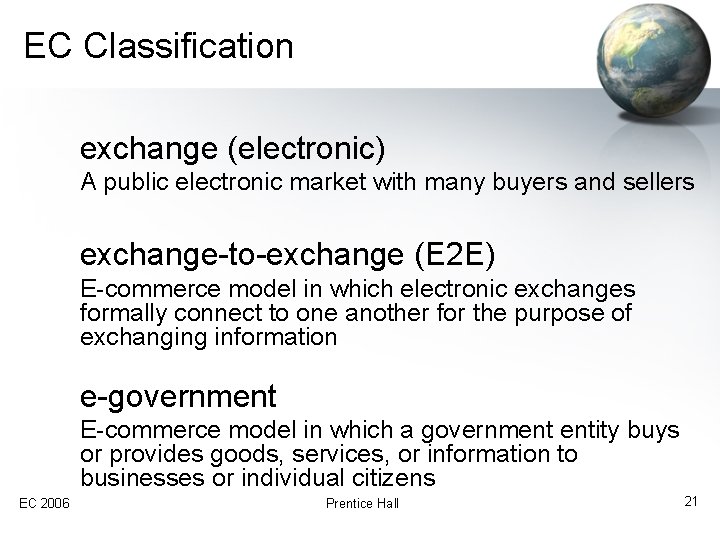 EC Classification exchange (electronic) A public electronic market with many buyers and sellers exchange-to-exchange