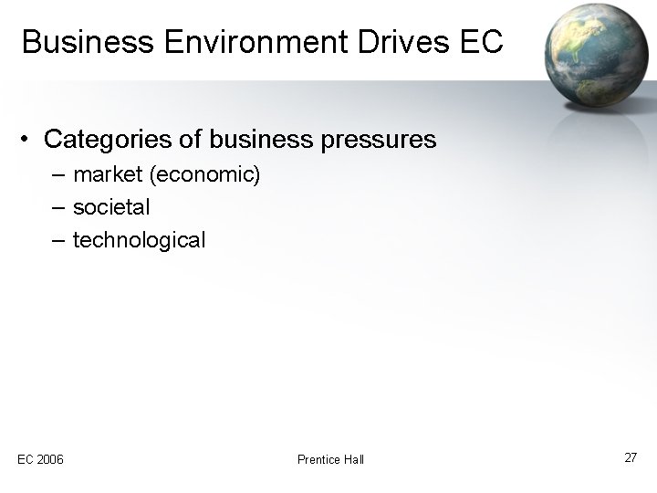 Business Environment Drives EC • Categories of business pressures – market (economic) – societal