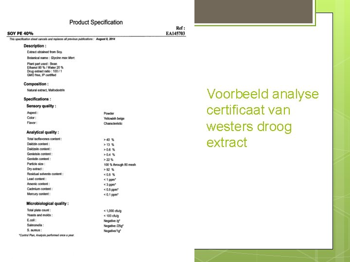 Voorbeeld analyse certificaat van westers droog extract 