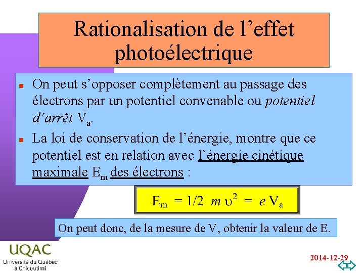 Rationalisation de l’effet photoélectrique n n On peut s’opposer complètement au passage des électrons