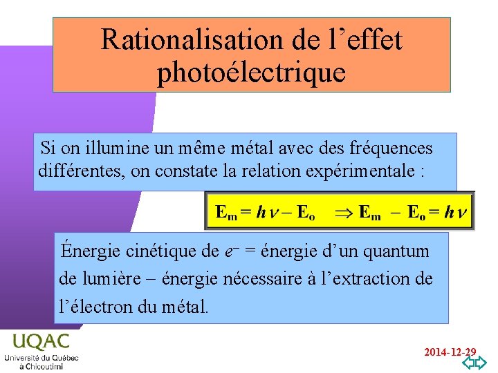 Rationalisation de l’effet photoélectrique Si on illumine un même métal avec des fréquences différentes,