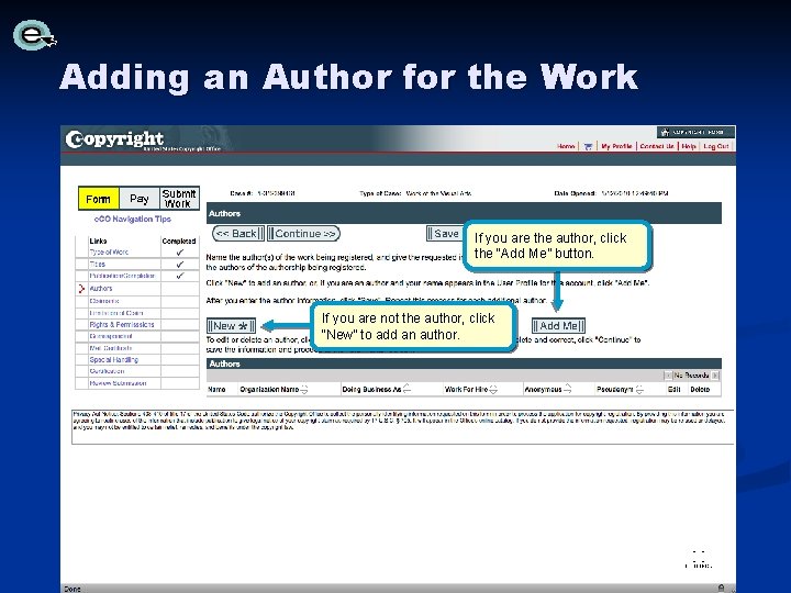 Adding an Author for the Work If you are the author, click the “Add Adding an Author for the Work If you are the author, click the “Add