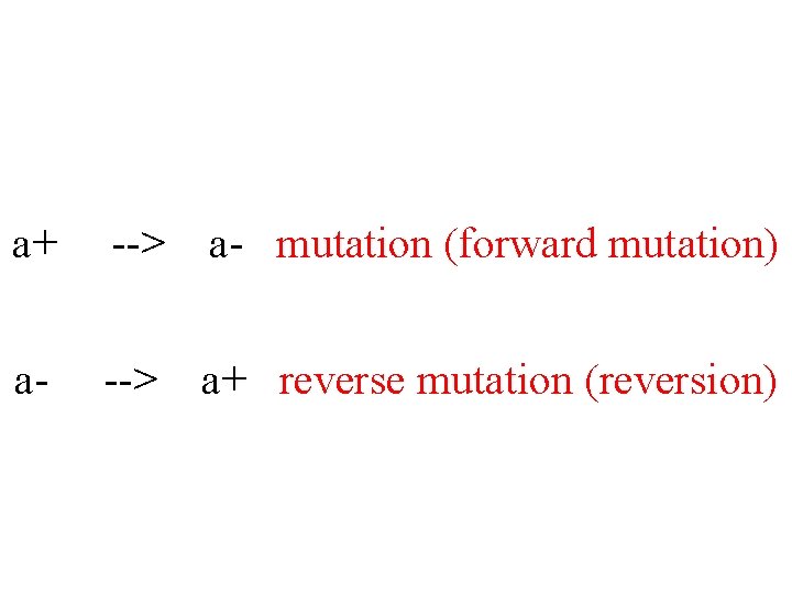 a+ --> a- mutation (forward mutation) a- --> a+ reverse mutation (reversion) 