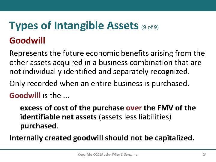 Types of Intangible Assets (9 of 9) Goodwill Represents the future economic benefits arising