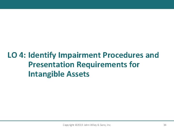 LO 4: Identify Impairment Procedures and Presentation Requirements for Intangible Assets Copyright © 2019