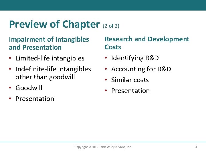 Preview of Chapter (2 of 2) Impairment of Intangibles and Presentation • Limited-life intangibles