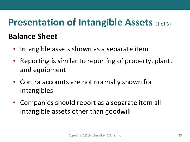 Presentation of Intangible Assets (1 of 3) Balance Sheet • Intangible assets shown as