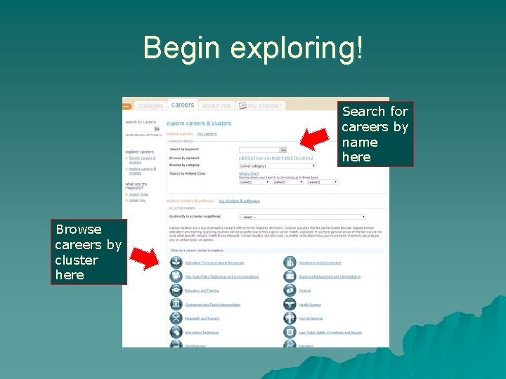 Begin exploring! Search for careers by name here Browse careers by cluster here 