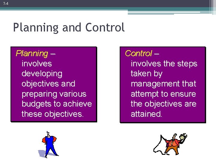 7 -4 Planning and Control Planning – involves developing objectives and preparing various budgets