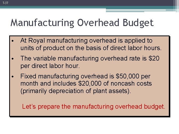 7 -57 Manufacturing Overhead Budget • At Royal manufacturing overhead is applied to units
