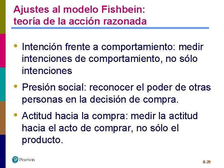 Ajustes al modelo Fishbein: teoría de la acción razonada • Intención frente a comportamiento: