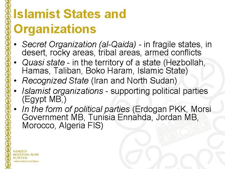 Islamist States and Organizations • Secret Organization (al-Qaida) - in fragile states, in desert,