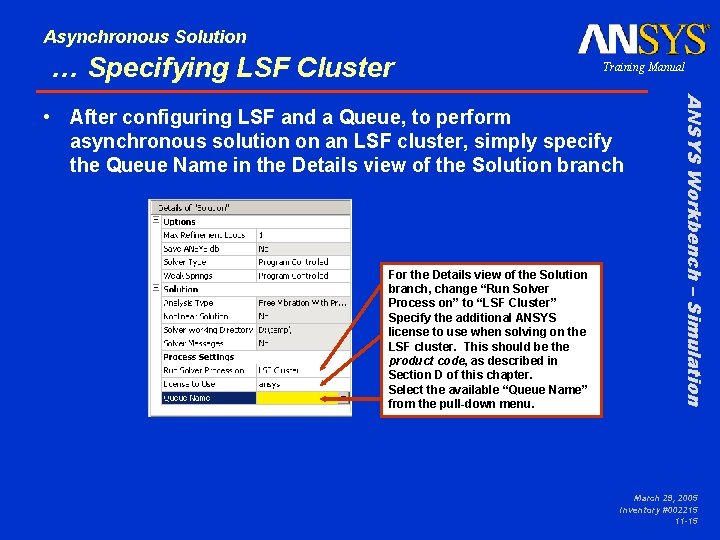 Asynchronous Solution … Specifying LSF Cluster Training Manual For the Details view of the
