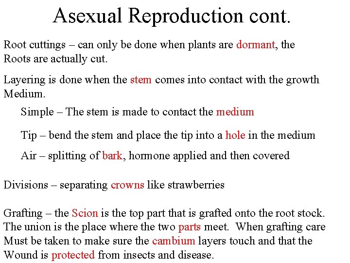 Asexual Reproduction cont. Root cuttings – can only be done when plants are dormant,