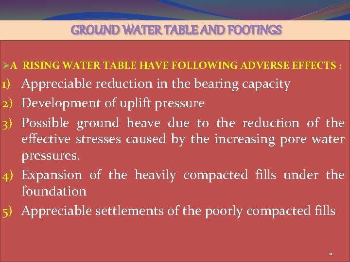 GROUND WATER TABLE AND FOOTINGS ØA RISING WATER TABLE HAVE FOLLOWING ADVERSE EFFECTS :