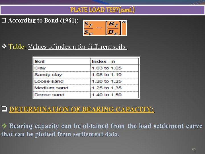 PLATE LOAD TEST(cont. ) q According to Bond (1961): v Table: Values of index