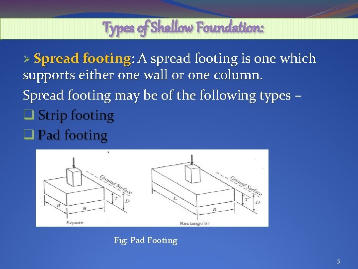  Types of Shallow Foundation: Ø Spread footing: Spread footing A spread footing is