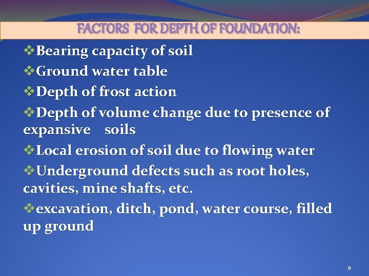  FACTORS FOR DEPTH OF FOUNDATION: v. Bearing capacity of soil v. Ground water