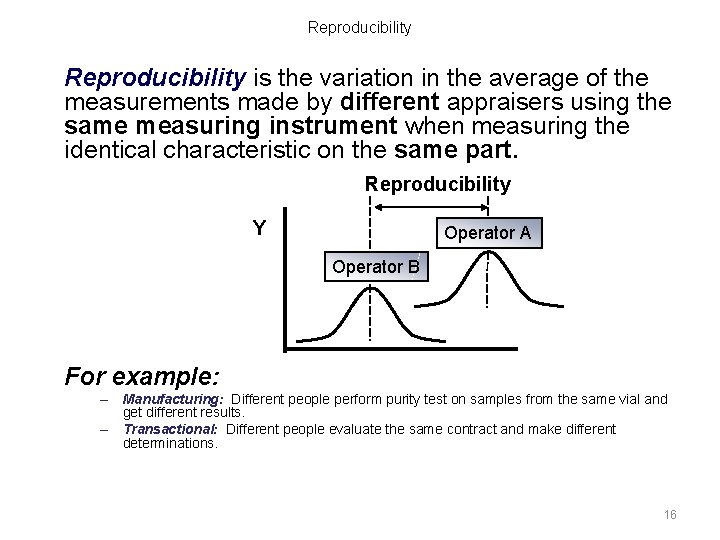 Reproducibility is the variation in the average of the measurements made by different appraisers