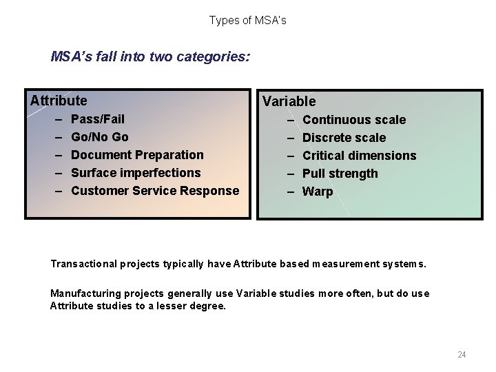 Types of MSA’s fall into two categories: Attribute Variable – – – – –