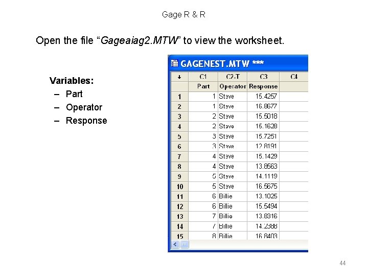 Gage R & R Open the file “Gageaiag 2. MTW” to view the worksheet.