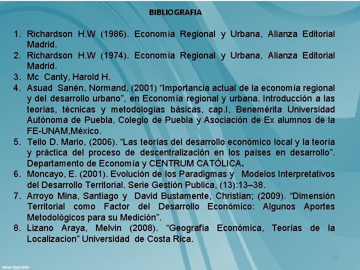 BIBLIOGRAFIA 1. Richardson H. W (1986). Economía Regional y Urbana, Alianza Editorial Madrid. 2.