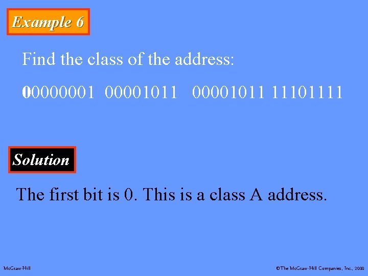Example 6 Find the class of the address: 00000001011 11101111 Solution The first bit
