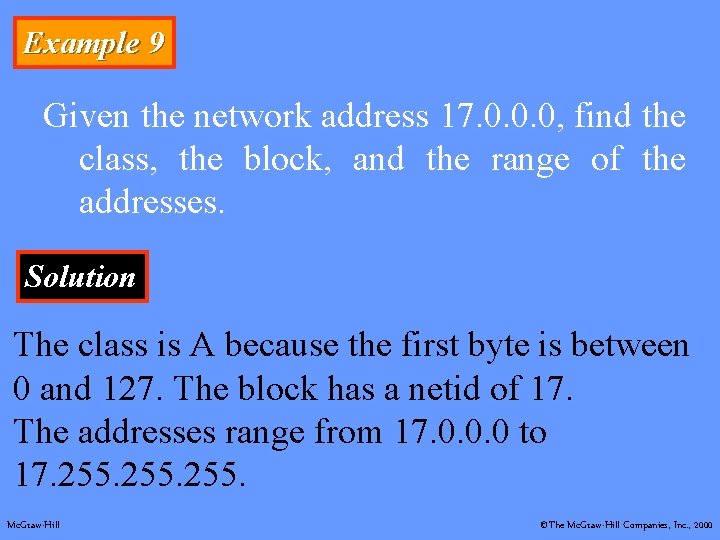 Example 9 Given the network address 17. 0. 0. 0, find the class, the