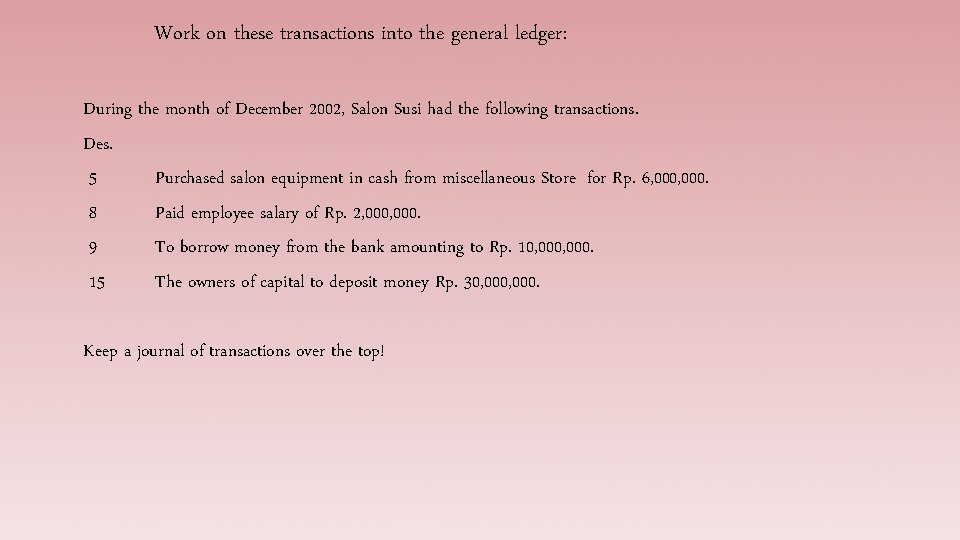 Work on these transactions into the general ledger: During the month of December 2002,