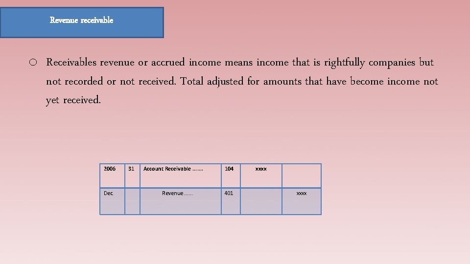 Revenue receivable o Receivables revenue or accrued income means income that is rightfully companies